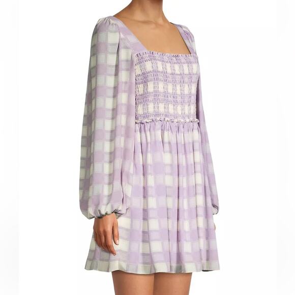 Toccin NY Lavender Plaid Smocked Puff Sleeve Mini Dress Medium NWT Cottagecore - Picture 3 of 13